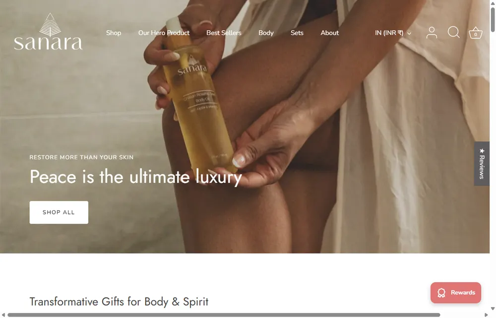 Sanara Skincare Shopify homepage, an Austin clean-beauty brand we admire (not a Digital Heroes client)
