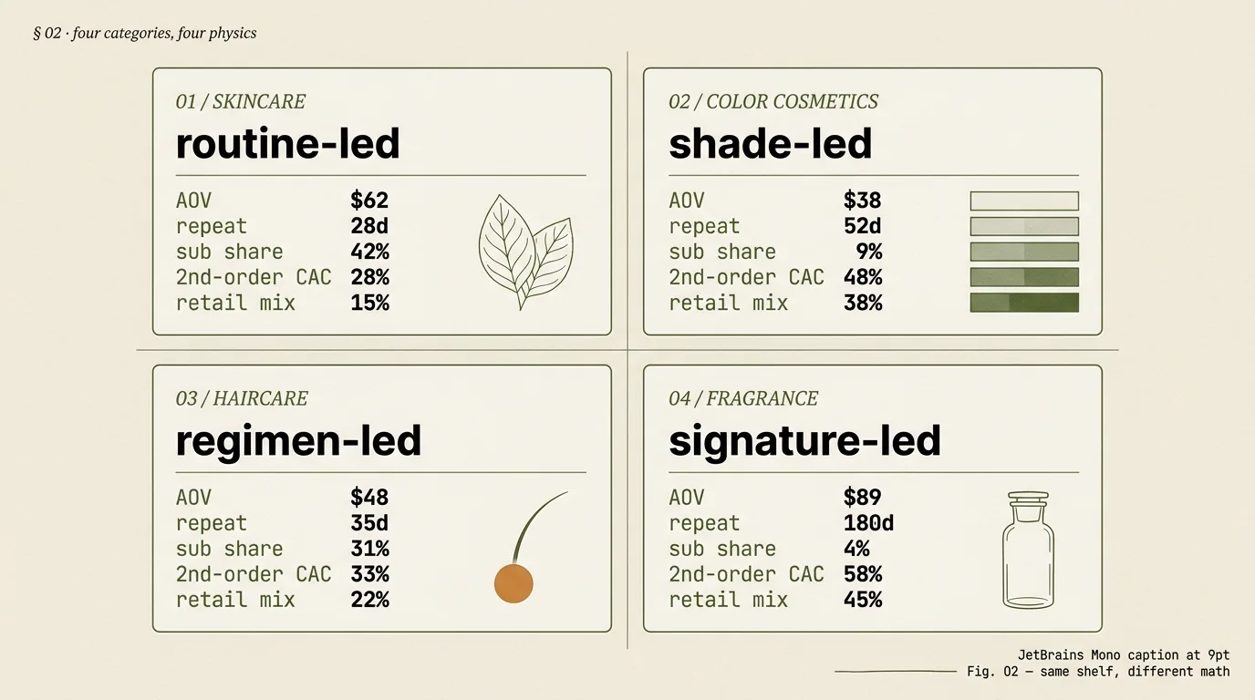Editorial 2x2 grid of four beauty category plates illustrating divergent commerce physics (skincare routine, color shade, haircare regimen, fragrance signature) tuned by a beauty ecommerce agency.