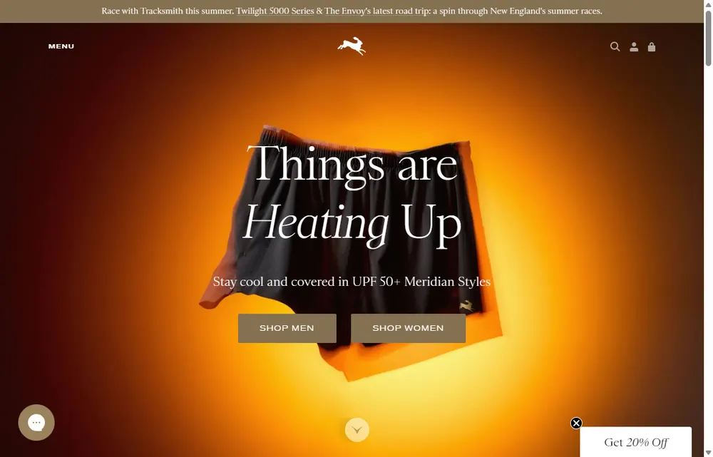 Tracksmith homepage, a Boston operator-led brand we admire (not a Digital Heroes client)