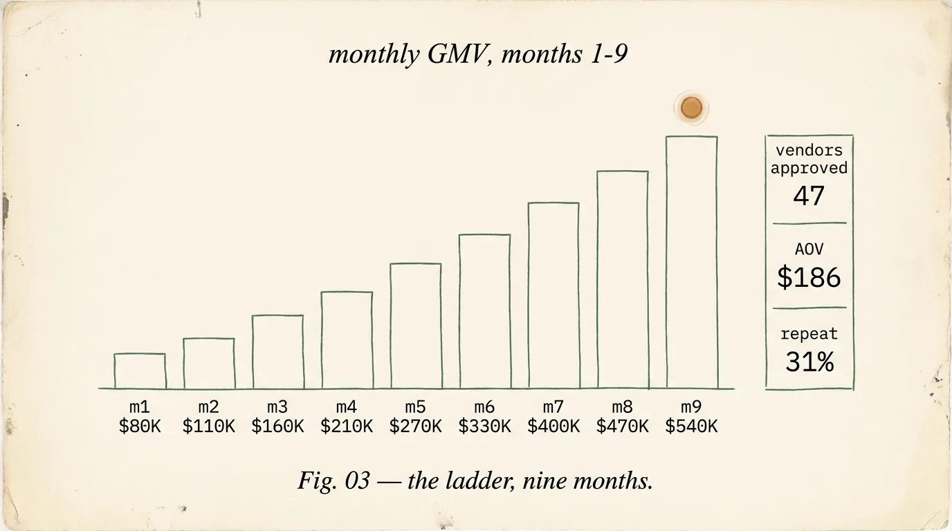 Home decor marketplace archetype GMV chart — monthly growth from $80K to $540K across nine months with 47 vendors, $186 AOV, 31% repeat-customer rate