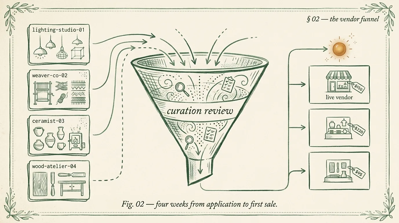 Home decor marketplace archetype vendor funnel — 184 applications curated to 61 invited and 47 live shops shipping first orders within four weeks