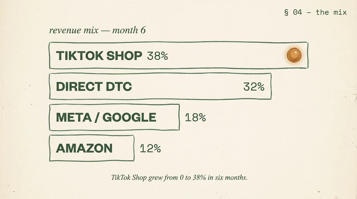 Outdoor gear archetype channel mix at month 6 — TikTok Shop 38%, Direct DTC 32%, Meta + Google 18%, Amazon 12% revenue share