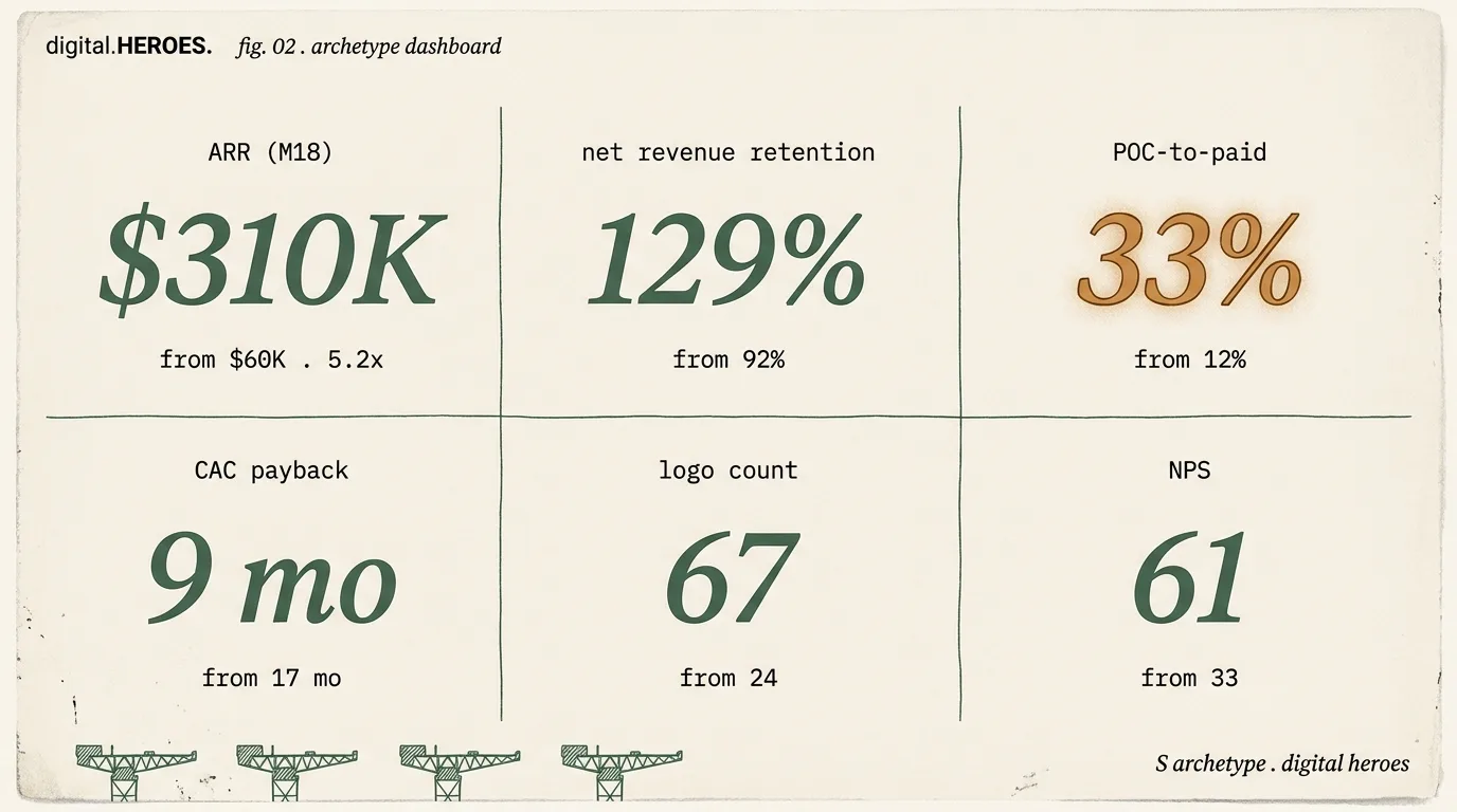 Belfast cyber SaaS archetype metrics dashboard — $310K ARR / 5.2x growth with net retention, trial conversion, CAC payback, logo count, NPS tiles