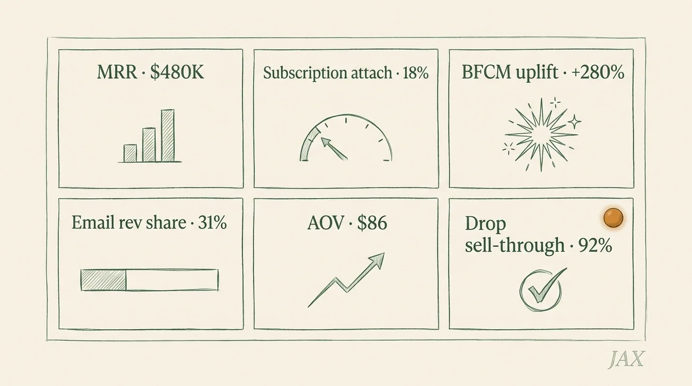 Jacksonville beaches DTC archetype metrics dashboard — $480K MRR / 5.3x growth with subscription attach, BFCM uplift, email, AOV, drop sell-through tiles