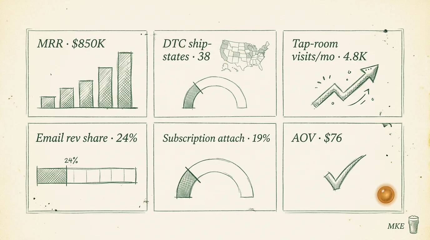 Milwaukee craft brewery archetype metrics dashboard — $850K MRR / 4.25x growth with ship-states, tap-room visits, email revenue, subscription attach, AOV tiles