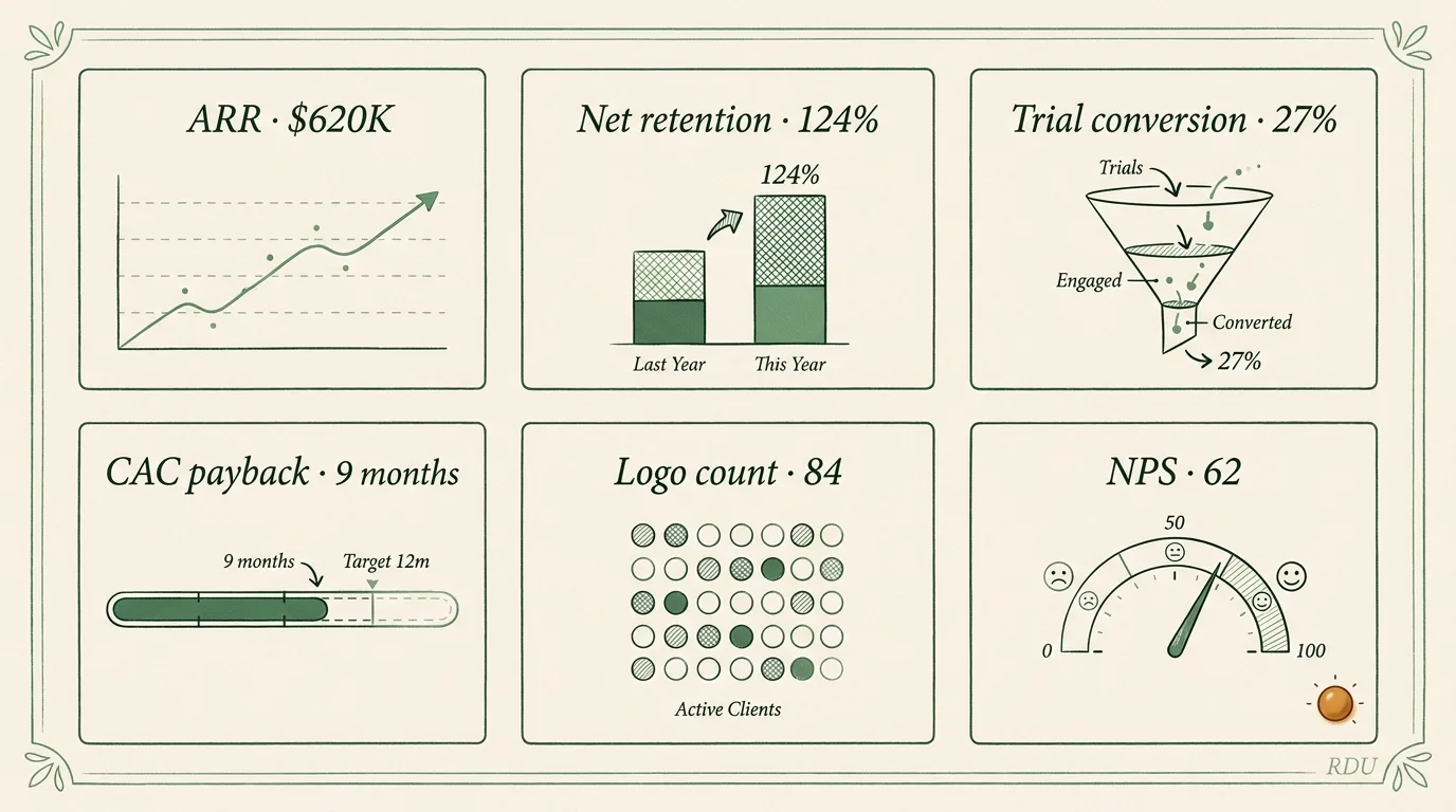 Raleigh Research Triangle SaaS archetype metrics dashboard — $620K ARR / 4.1x growth with net retention, trial conversion, CAC payback, logo count, NPS tiles
