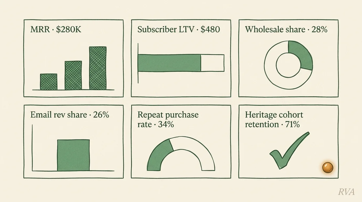 Richmond heritage craft archetype metrics dashboard — $280K MRR / 5.6x growth with subscriber LTV, wholesale share, email, repeat purchase, cohort retention tiles