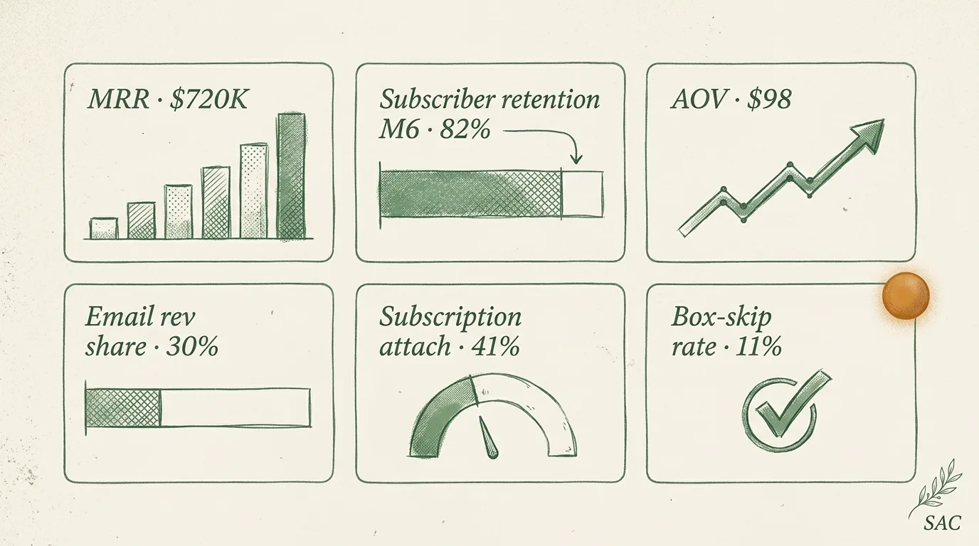 Sacramento farm-wellness archetype metrics dashboard — $720K MRR / 4x growth with subscriber retention, AOV, email, subscription attach, box-skip rate tiles