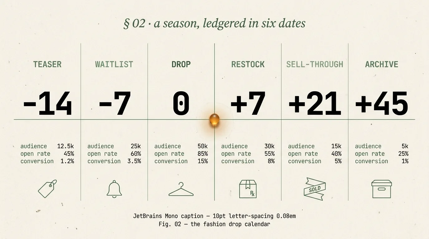 Editorial six-phase drop calendar (teaser, waitlist, drop, restock, sell-through, archive) illustrating the season-as-calendar method run by a fashion ecommerce agency on Shopify Plus.