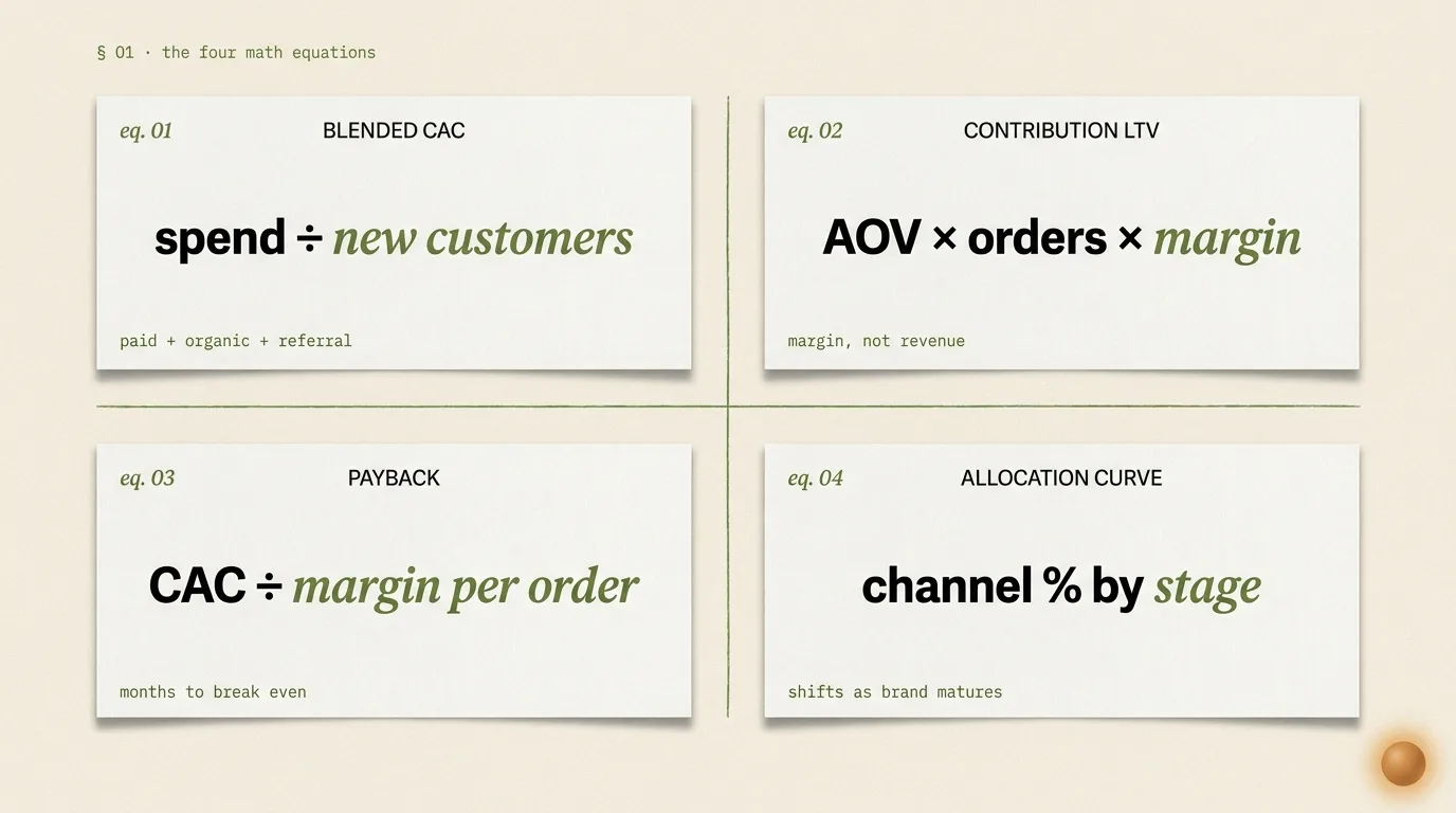 Editorial 2x2 grid of the four ecommerce marketing strategy equations: Blended CAC = spend ÷ new customers; Contribution LTV = AOV × orders × margin; Payback = CAC ÷ margin per order; Allocation Curve = channel % by stage