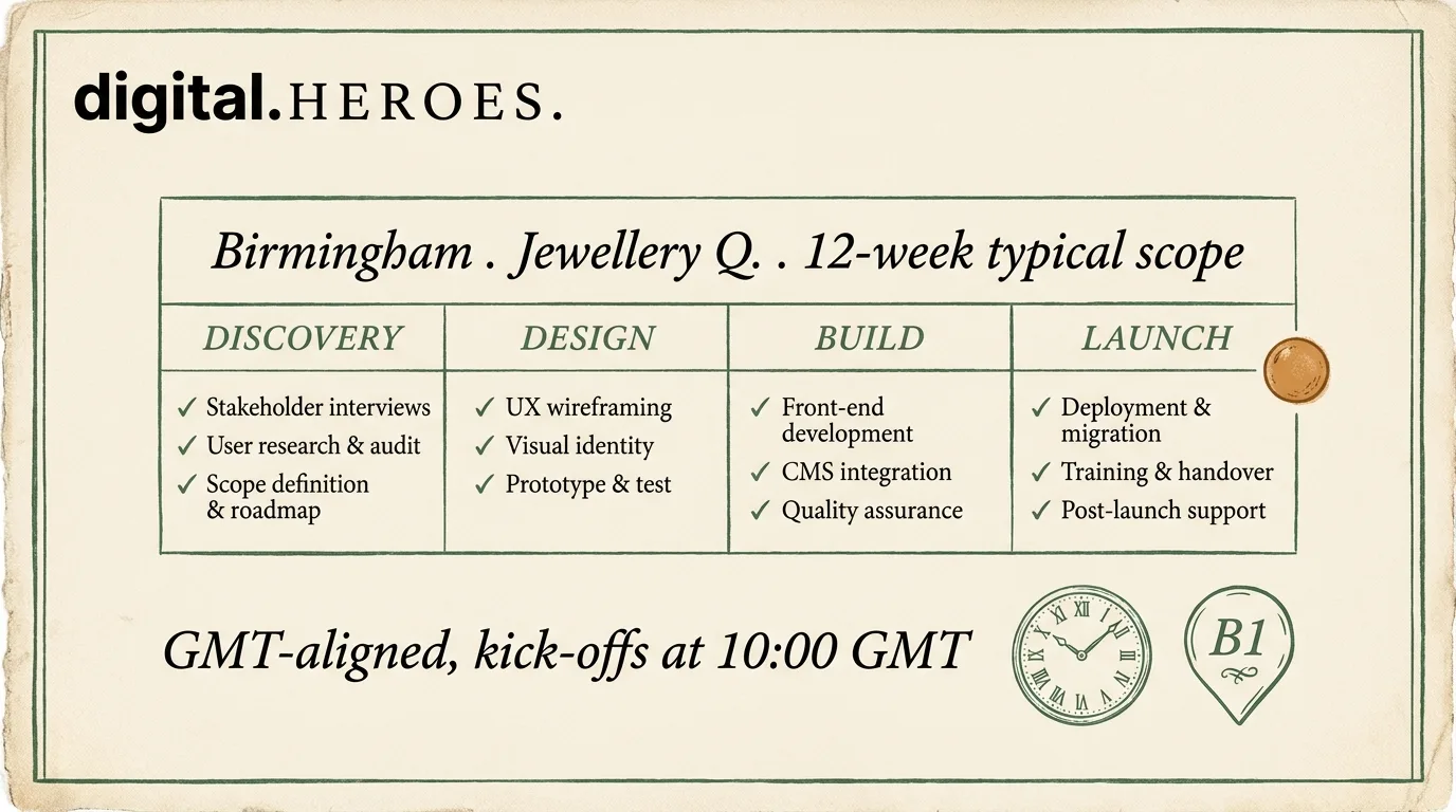 Project scope ledger with discovery, design, build, and launch columns on GMT cadence — Digital Heroes Shopify development workflow for Birmingham brands