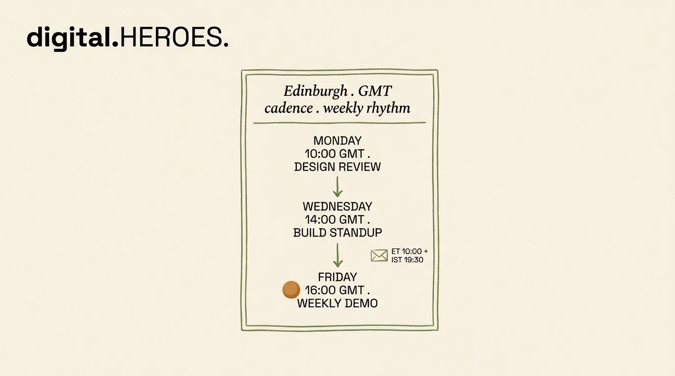Weekly GMT cadence timeline with Monday design review, Wednesday build standup, and Friday weekly demo — Digital Heroes remote collaboration rhythm for Edinburgh clients