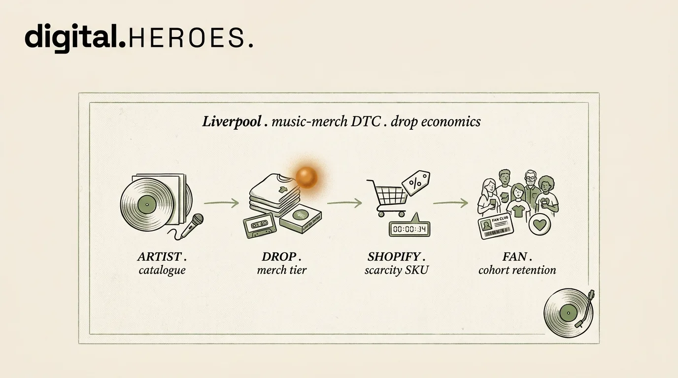Music-merch flow diagram with artist catalogue, drop merch tier, Shopify scarcity SKU, and fan-cohort retention stations — Digital Heroes drop-cycle ecommerce framework for Liverpool brands