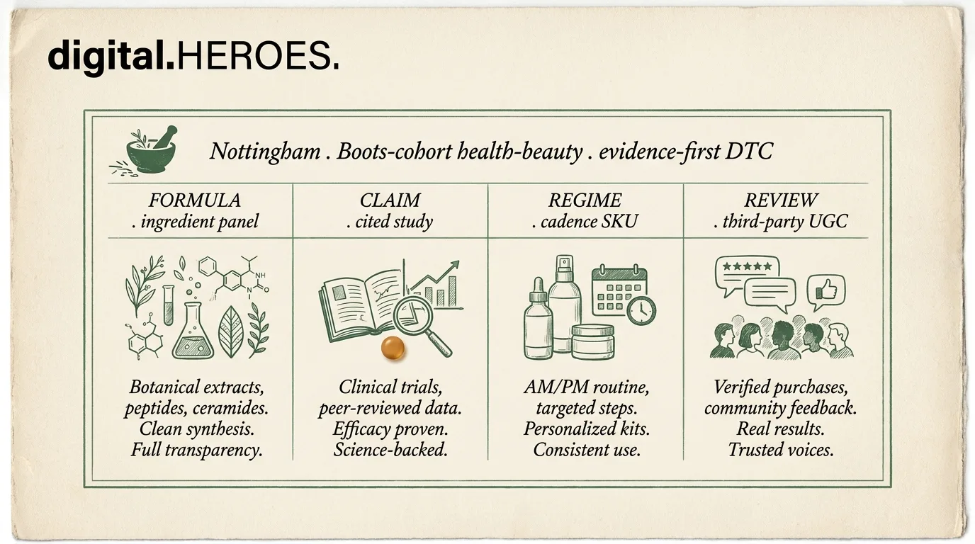 Health-beauty stack diagram with formula, claim, regimen, and review columns plus a mortar-and-pestle silhouette — Digital Heroes Boots-cohort DTC framework for Nottingham brands