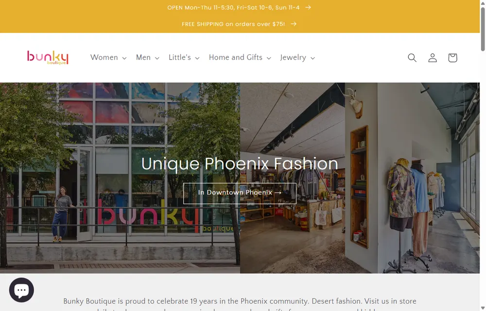 Bunky Boutique homepage, a Phoenix operator-led brand we admire (not a Digital Heroes client)