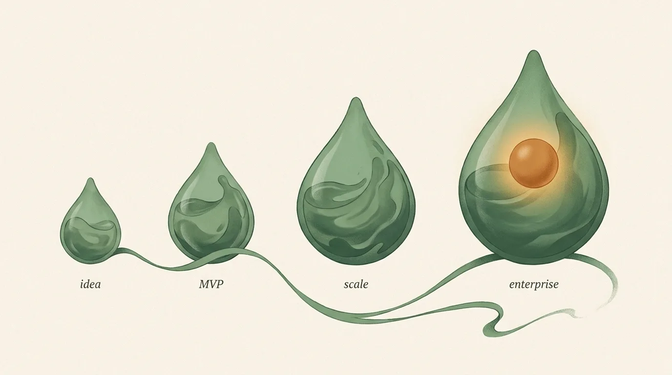Four moss-green liquid drops of progressively increasing size illustrating the idea, MVP, scale, and enterprise revenue stages a SaaS development company engineers across