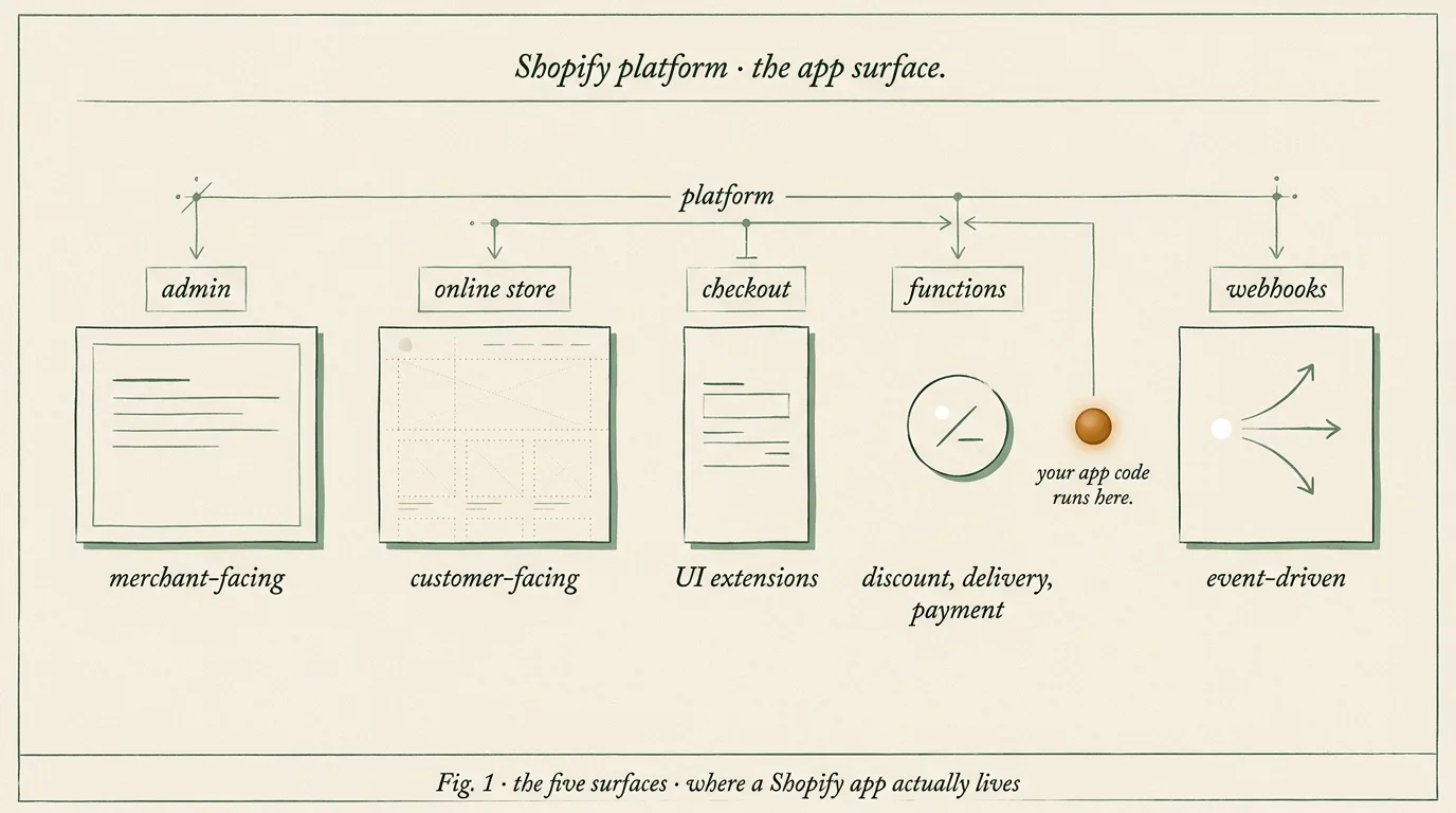 Editorial cross-section of the five extension surfaces Shopify app developers wire into: admin, online store, checkout, Shopify Functions, and webhooks. Each surface labeled with its extension point and a small amber orb marking Shopify Functions as the layer where the app's business logic runs.