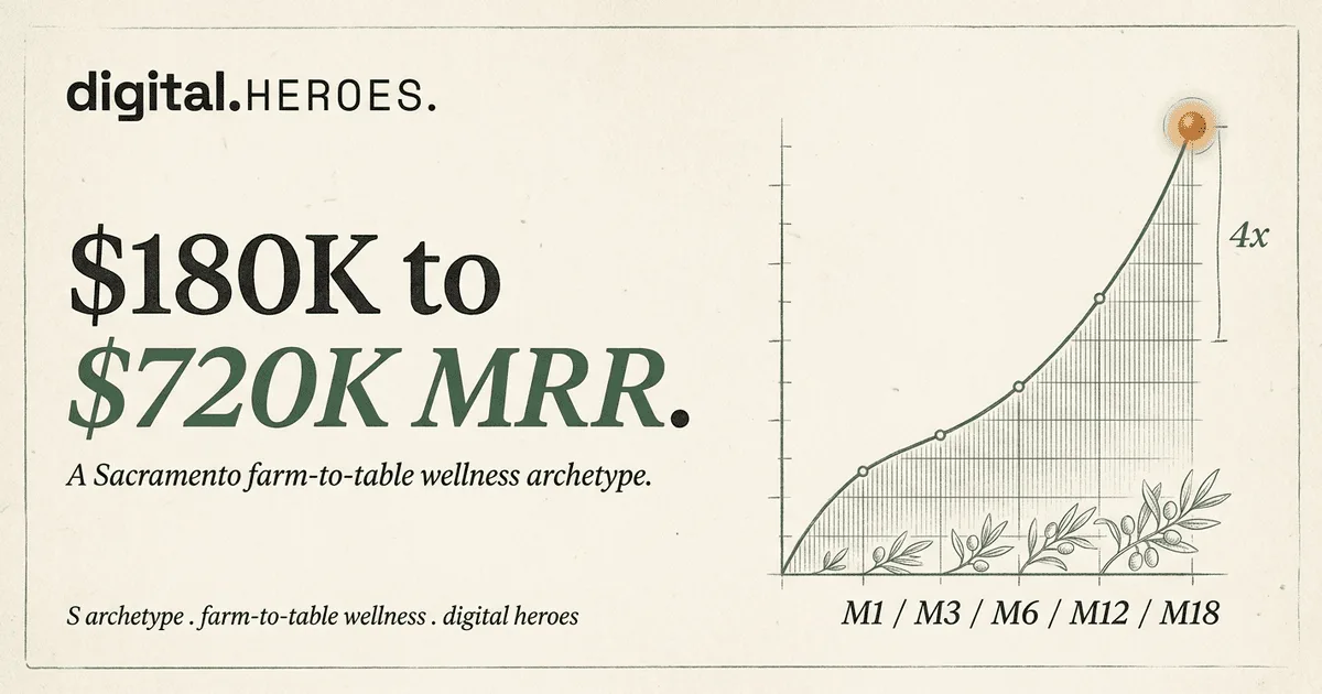 Sacramento farm-to-table wellness DTC archetype trajectory plate — Digital Heroes 4x MRR growth pattern from $180K to $720K across 18 months