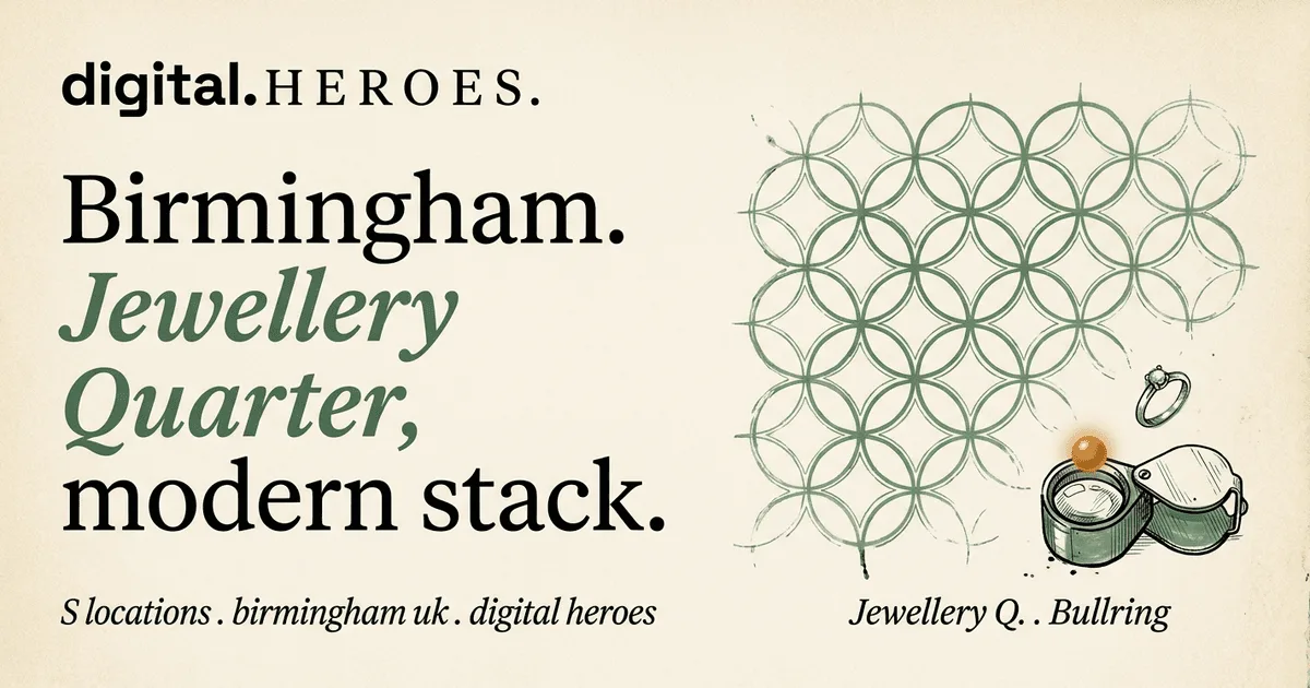 Birmingham Library facade with jewellers' loupe and ring-band motif — Digital Heroes Shopify development for Birmingham clients