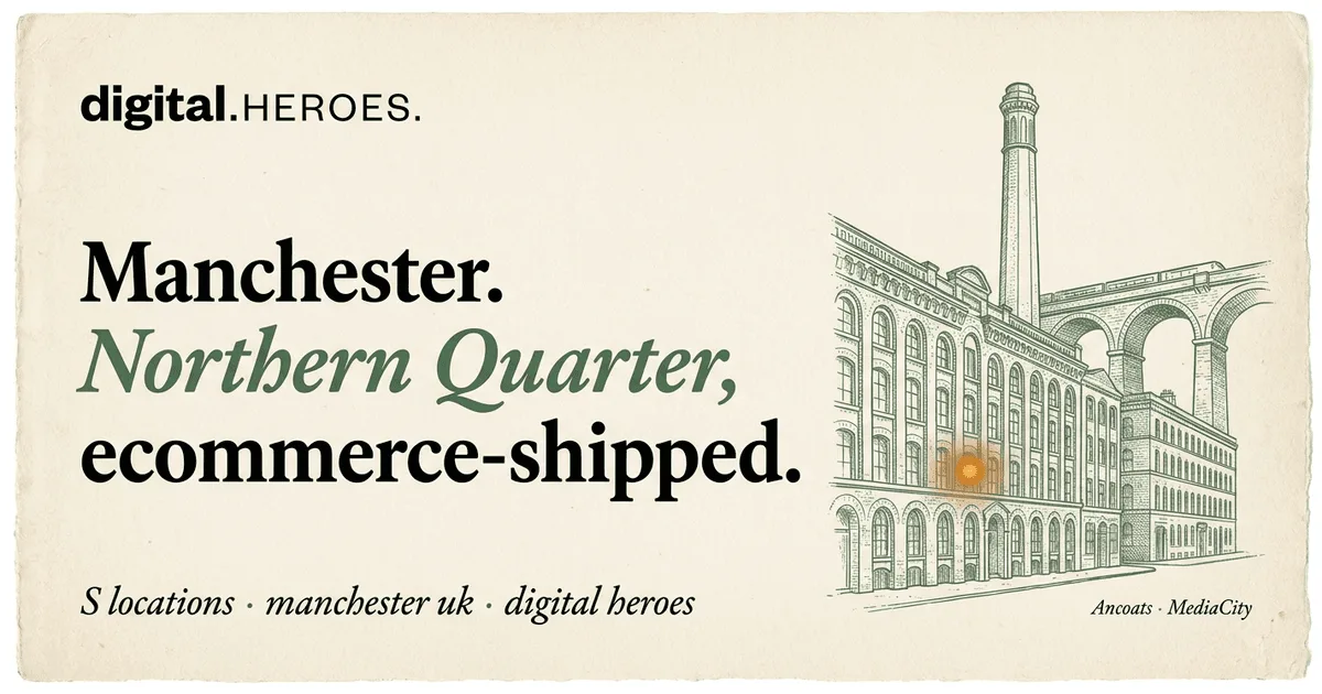 Northern Quarter Victorian brick warehouse facade with textile-mill chimney and railway viaduct — Digital Heroes Shopify development for Manchester clients