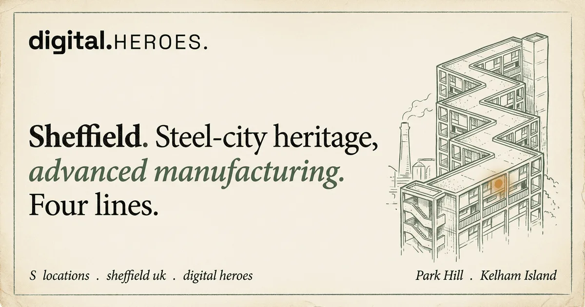 Park Hill Brutalist housing zigzag silhouette with a steel-mill chimney behind — Digital Heroes Shopify development for Sheffield clients