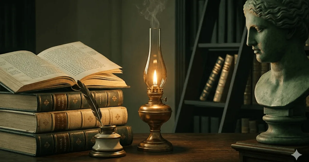 Dark academia still-life: leather-bound antique books with Latin marginalia, brass oil lamp glow, classical Greek bust, and dim library shelves.