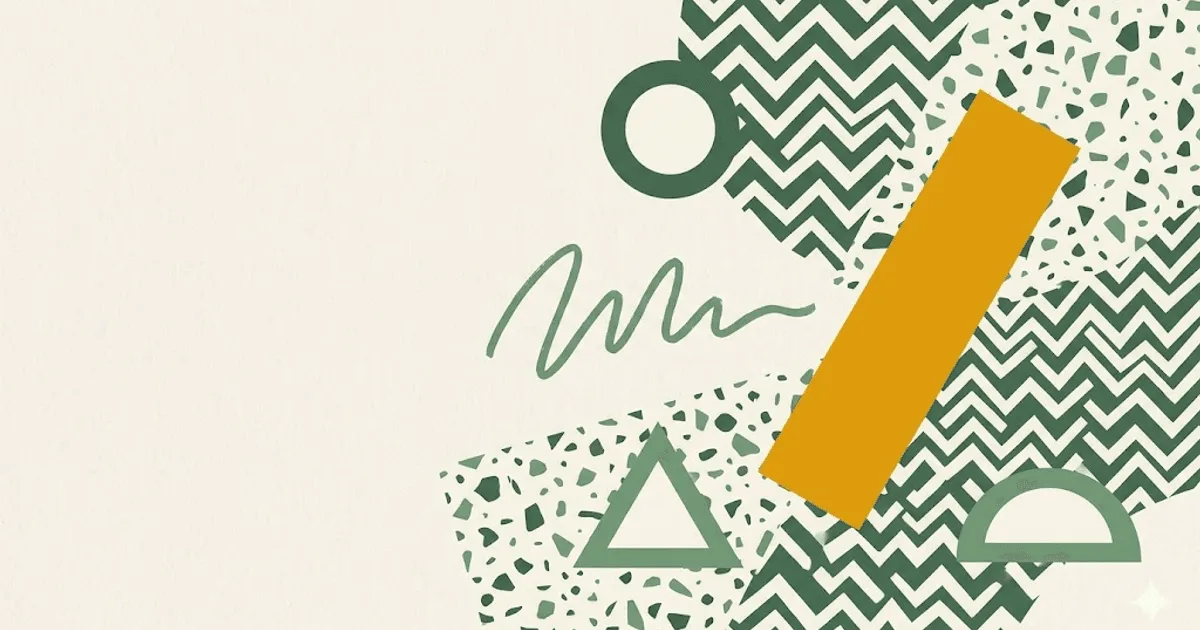 Sottsass-style Memphis composition with moss-green zigzag pattern, cream terrazzo confetti, primitive geometric shapes, and a single amber rectangle accent — hero for Memphis design web style.