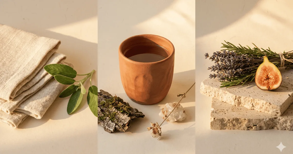 Three organic-earthy zones spanning the canvas: folded oatmeal raw-linen squares with fresh sage sprig in golden-hour light, hand-thrown terracotta clay cup with mossy bark and rough quartz, travertine slab with bundled lavender and rosemary plus a halved fresh fig — hero for organic earthy web design teaching natural materials and golden-hour atmosphere.