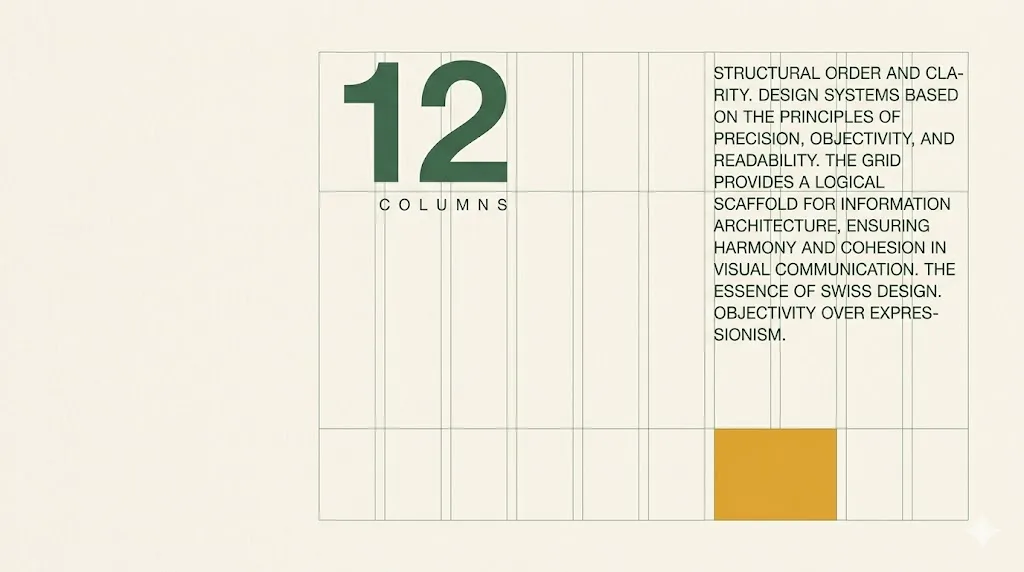 Strict 12-column Müller-Brockmann grid with '12 COLUMNS' Helvetica-style headline, body paragraph aligned right, and an amber rectangle at lower-right rule-of-thirds — hero for Swiss grid web design.